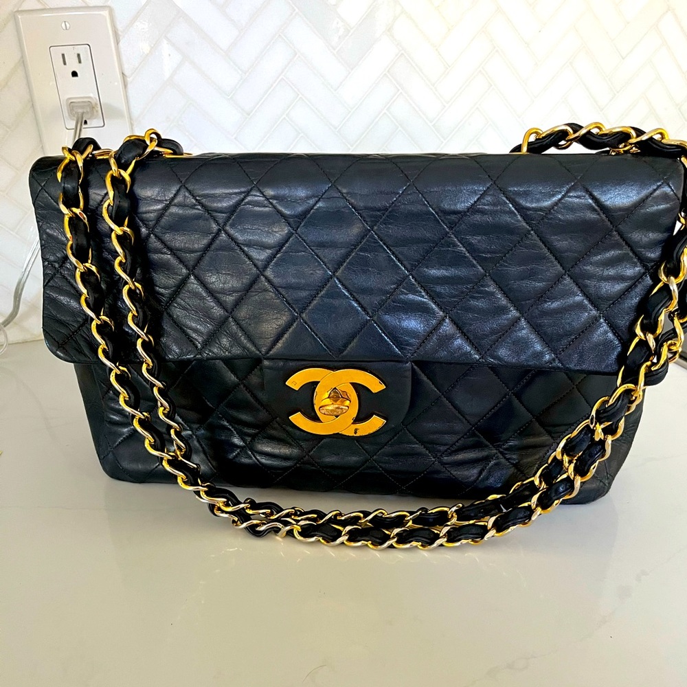 Black leather Chanel flag bag maxi or jumbo size. Great value-gold hardware